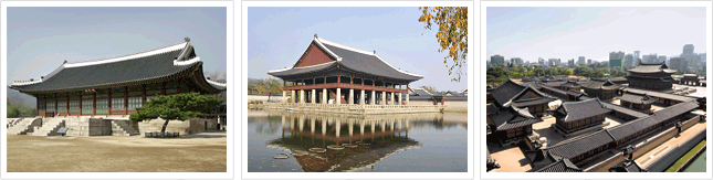 왼쪽 경복궁 가운데 경희루 오른쪽 경복궁 전경