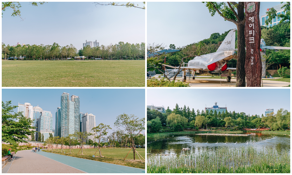 Upper left: Wide green lawn at Boramae Park, Lower left: Walking bicycle paths at Boramae Park with city buildings seen in the background, Upper right: On the right of the photo is a wooden sign that says "Air Park" in both Korean and English, and an airplane model is seen on the left side, Lower right: Pond at Boramae Park