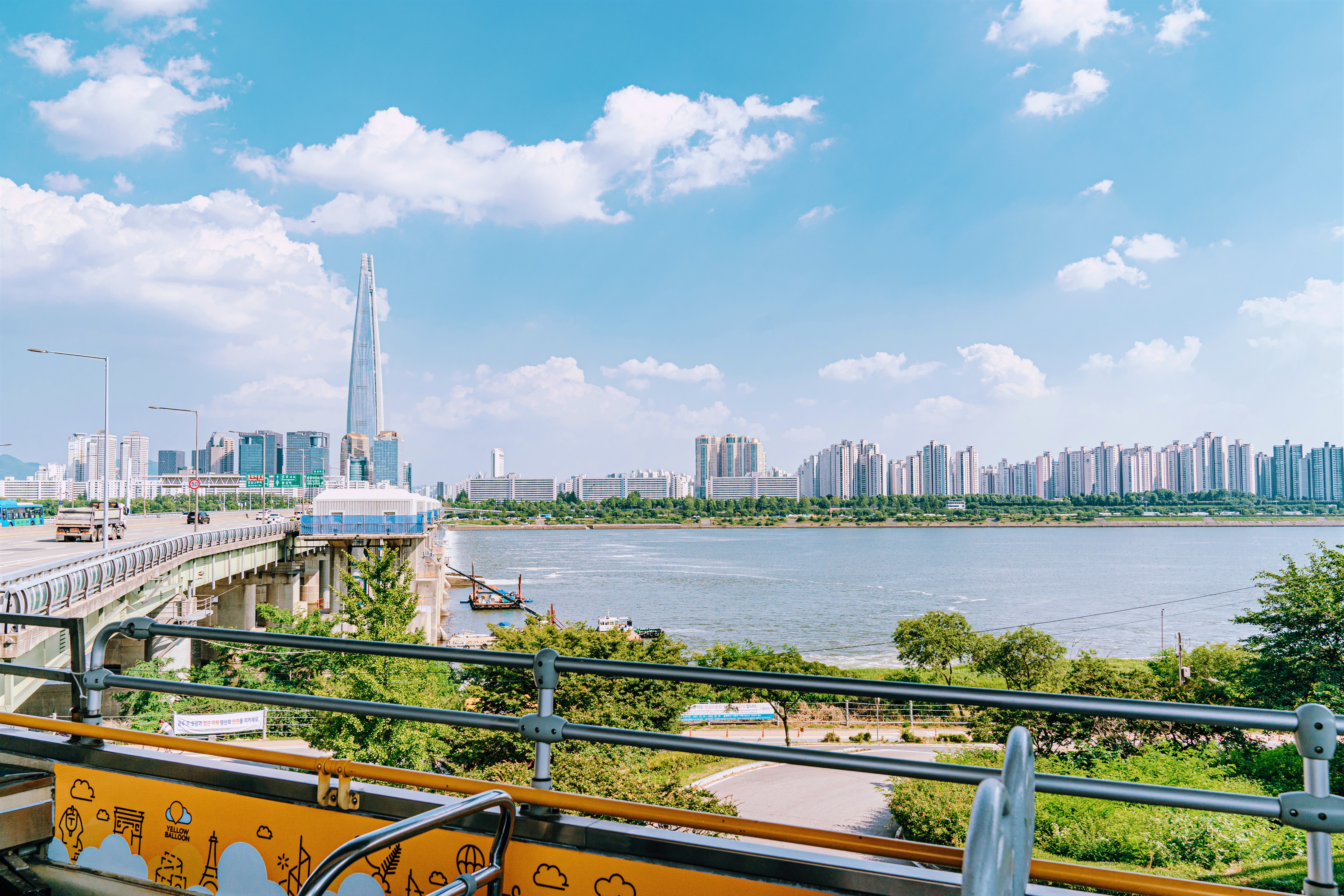 A view of the Hangang River and downtown Jamsil from the Seoul City Tour Bus.