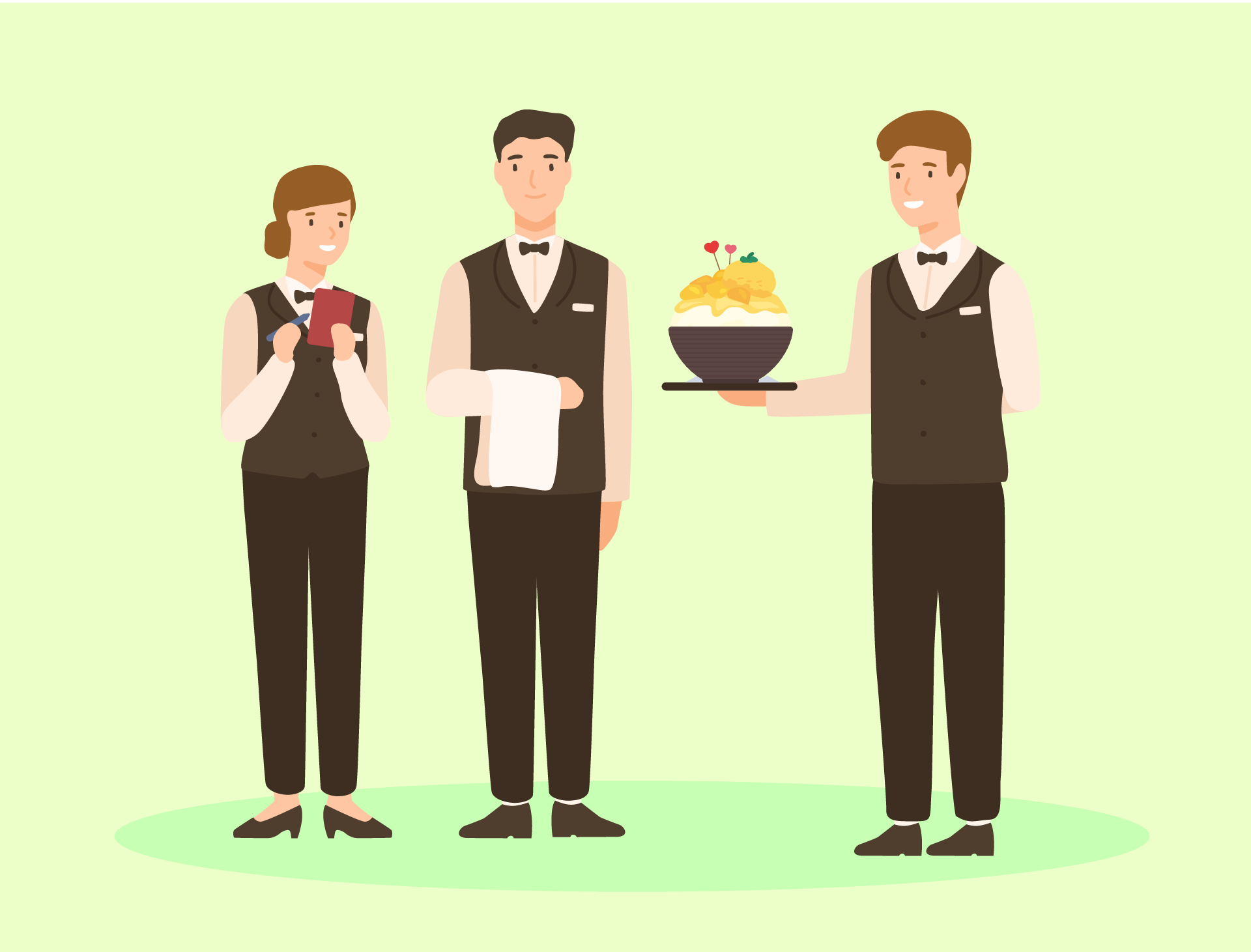 Illustration of three hotel staff. One is a woman holding a bill, the next is a man holding a table napkin and the third is a man holding a serving of mango shaved ice.