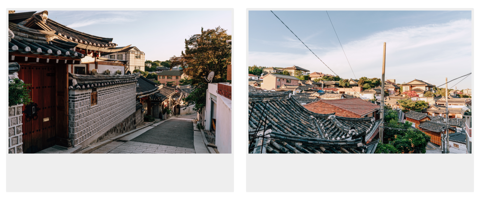 Gabungan dua gambar berbingkai corak polaroid. Gambar pertama menunjukkan gambaran sebuah lorong dikelilingi hanok berdinding batu, dan gambar kedua menunjukkan gambar pemandangan Bukchon Hanok Village daripada atas bukit.