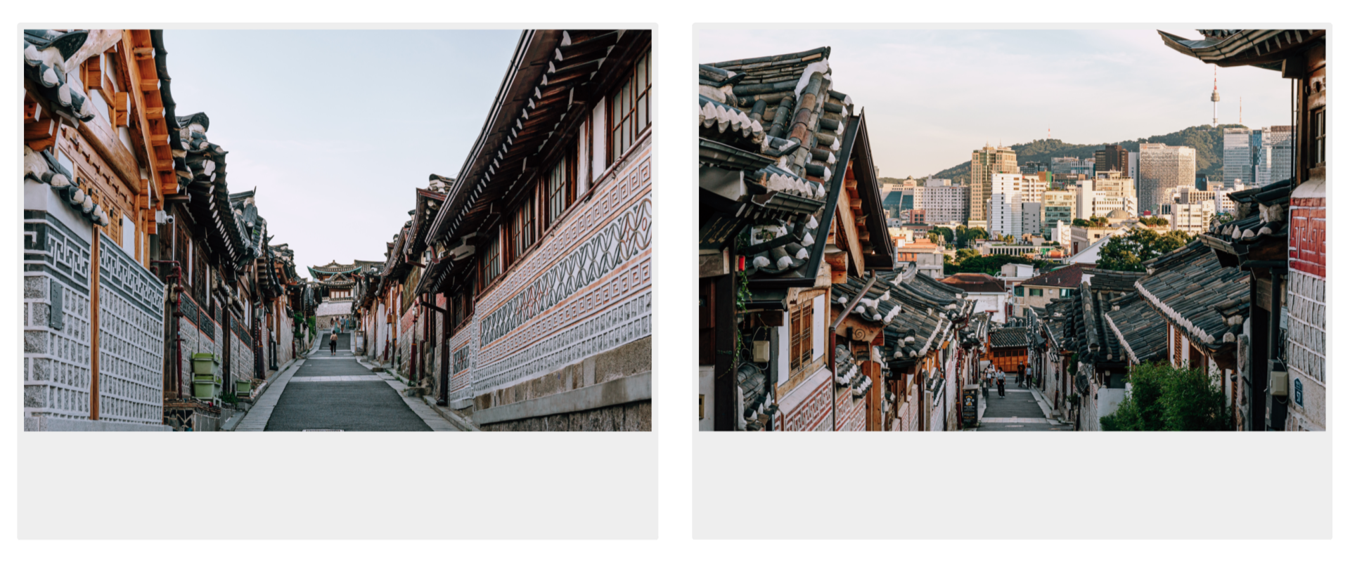 Gabungan dua gambar berbingkai corak polaroid. Gambar pertama menunjukkan gambaran lorong di Bukchon Hanok Village dari bawak bukit memandang keatas, dan gambar kedua menunjukkan gambar pemandangan lorong di Bukchon Hanok Village dari atas bukit memandang kebawah.