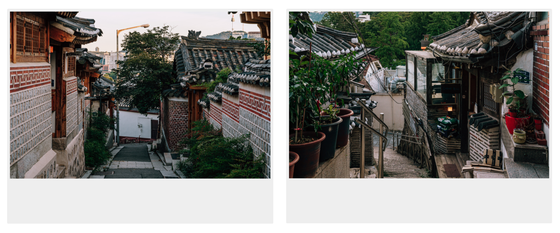 Gabungan dua gambar berbingkai corak polaroid. Gambar pertama menunjukkan gambaran lorong yang sempit di Bukchon Hanok Village,dan gambar kedua menunjukkan tangga batu di hadapan salah sebuah rumah hanok.