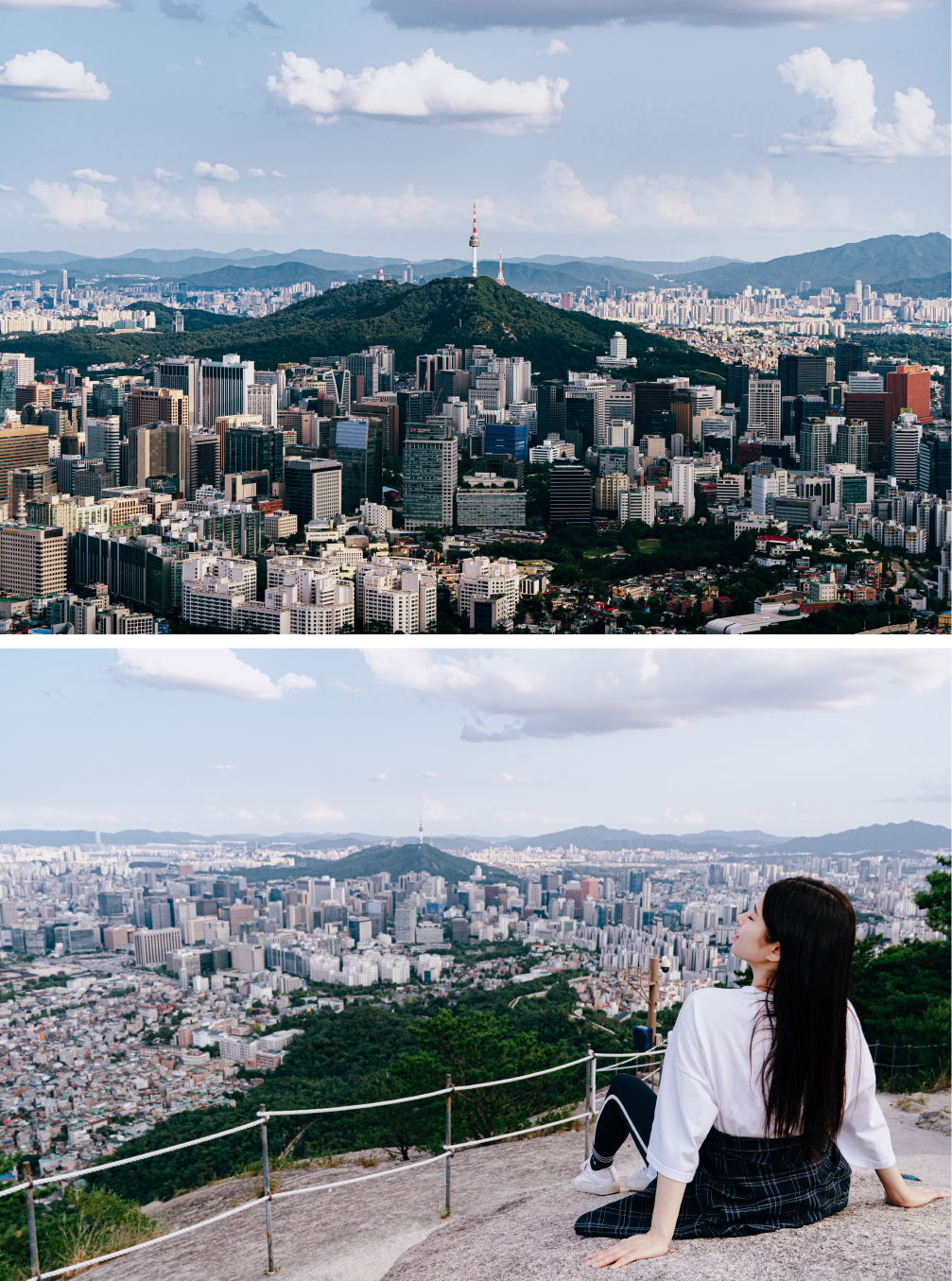 사진 두개의 합. 위에는 인왕산 정상에서 내려다 본 서울의 전망. 아래 사진은 정상 돌 위에 휴식을 취하고 있는 여자가 있다.