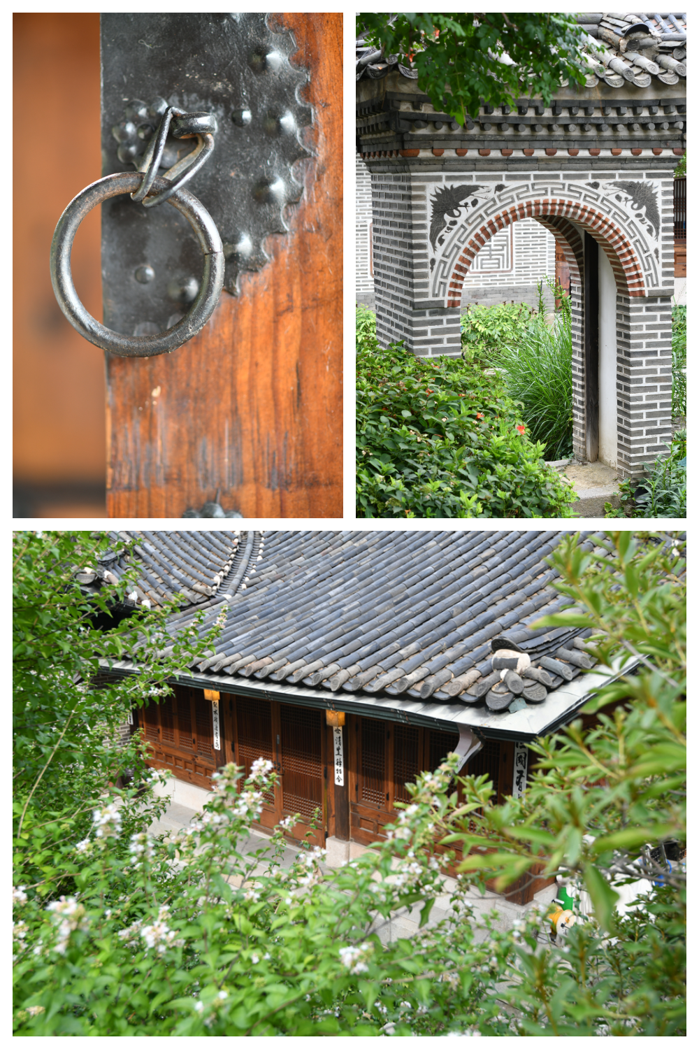 A collage of images showcasing different architectural features of the hanok such as a door handle, archway, and rooftop