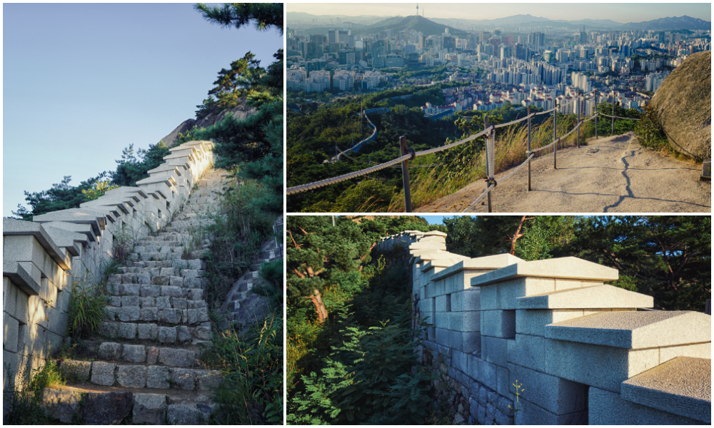 산을 오르는 성벽과 도시 경치가 보이는 등산로가 나오는 세 장의 사진.