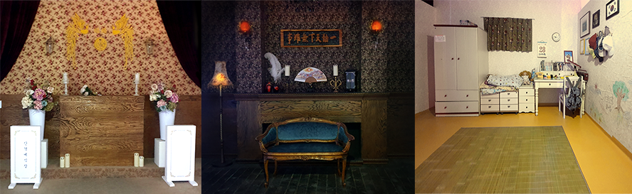 Three pictures showing a studio with a retro wedding concept, another studio with a concept of the Gyeongseong Period, and more